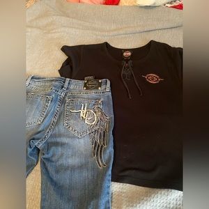 Women’s Harley Davidson Bundle. Size 8 jeans and large top.